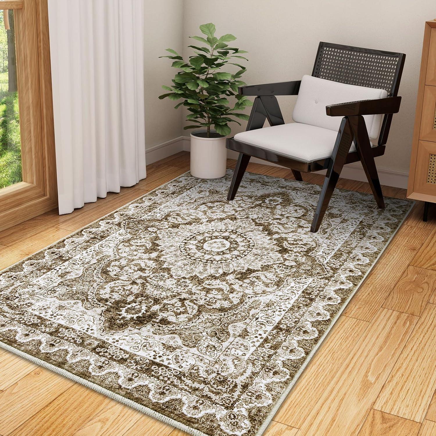 imageSmiry 4x6 Area Rugs for Living Room Machine Washable Non Slip Vintage Retro Rugs Low Pile Lightweight Boho Floral Printed Floor Carpets Rugs for Bedroom Dining Room Home Office BeigeBrown