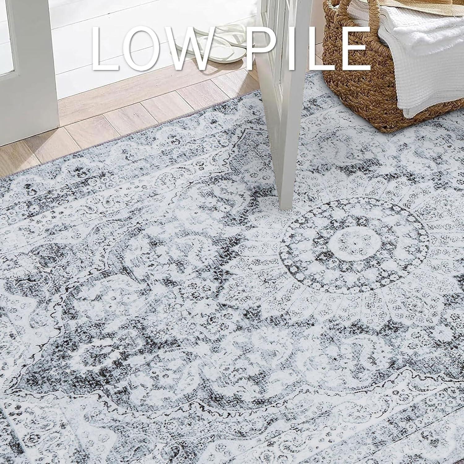 imageSmiry 4x6 Area Rugs for Living Room Machine Washable Non Slip Vintage Retro Rugs Low Pile Lightweight Boho Floral Printed Floor Carpets Rugs for Bedroom Dining Room Home Office BeigeGrey