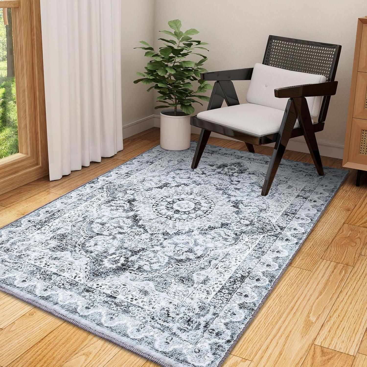 imageSmiry 4x6 Area Rugs for Living Room Machine Washable Non Slip Vintage Retro Rugs Low Pile Lightweight Boho Floral Printed Floor Carpets Rugs for Bedroom Dining Room Home Office BeigeGrey