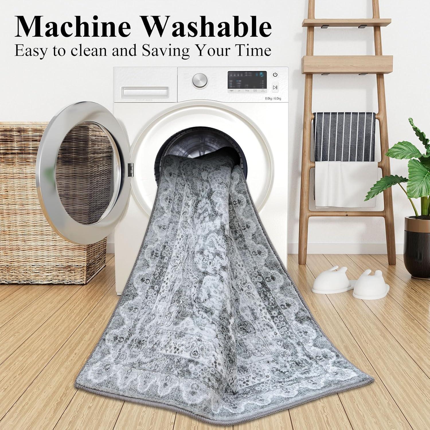 imageSmiry 4x6 Area Rugs for Living Room Machine Washable Non Slip Vintage Retro Rugs Low Pile Lightweight Boho Floral Printed Floor Carpets Rugs for Bedroom Dining Room Home Office BeigeGrey