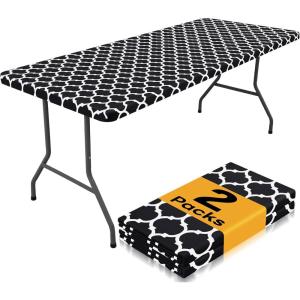 imageSmiry 2 Pack Rectangle Table Cloth 6 Foot Waterproof Elastic Fitted Tablecloths Windproof Washable Polyester Table Cover for Picnic Camping Outdoor Grey 30quotx72quotBlack