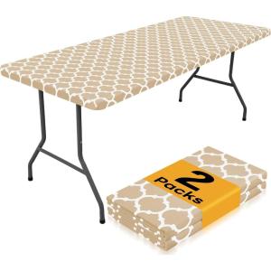 imageSmiry 2 Pack Rectangle Table Cloth 6 Foot Waterproof Elastic Fitted Tablecloths Windproof Washable Polyester Table Cover for Picnic Camping Outdoor Grey 30quotx72quotKhaki