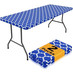 imageSmiry 2 Pack Rectangle Table Cloth 6 Foot Waterproof Elastic Fitted Tablecloths Windproof Washable Polyester Table Cover for Picnic Camping Outdoor Grey 30quotx72quotBlue