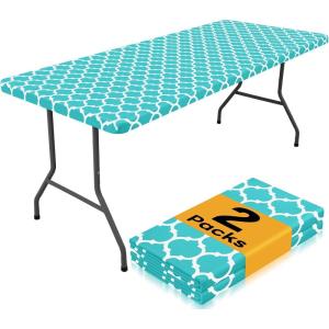 imageSmiry 2 Pack Rectangle Table Cloth 6 Foot Waterproof Elastic Fitted Tablecloths Windproof Washable Polyester Table Cover for Picnic Camping Outdoor Grey 30quotx72quotAqua
