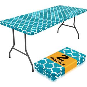 imageSmiry 2 Pack Rectangle Table Cloth 6 Foot Waterproof Elastic Fitted Tablecloths Windproof Washable Polyester Table Cover for Picnic Camping Outdoor Grey 30quotx72quotTeal