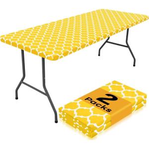 imageSmiry 2 Pack Rectangle Table Cloth 6 Foot Waterproof Elastic Fitted Tablecloths Windproof Washable Polyester Table Cover for Picnic Camping Outdoor Grey 30quotx72quotYellow