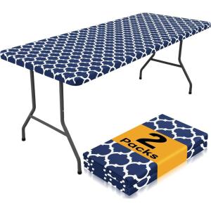 imageSmiry 2 Pack Rectangle Table Cloth 6 Foot Waterproof Elastic Fitted Tablecloths Windproof Washable Polyester Table Cover for Picnic Camping Outdoor Grey 30quotx72quotNavy