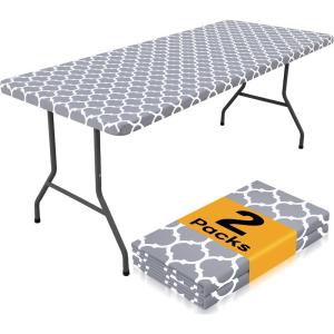 imageSmiry 2 Pack Rectangle Table Cloth 6 Foot Waterproof Elastic Fitted Tablecloths Windproof Washable Polyester Table Cover for Picnic Camping Outdoor Grey 30quotx72quotGrey