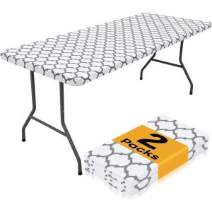 imageSmiry 2 Pack Rectangle Table Cloth 6 Foot Waterproof Elastic Fitted Tablecloths Windproof Washable Polyester Table Cover for Picnic Camping Outdoor Grey 30quotx72quotWhite