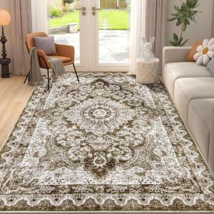 imageSmiry 4x6 Area Rugs for Living Room Machine Washable Non Slip Vintage Retro Rugs Low Pile Lightweight Boho Floral Printed Floor Carpets Rugs for Bedroom Dining Room Home Office BeigeBrown