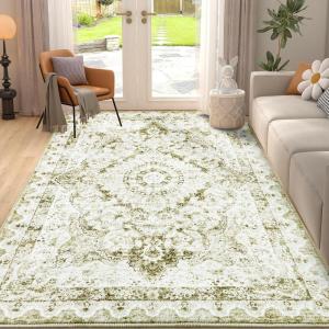 imageSmiry 4x6 Area Rugs for Living Room Machine Washable Non Slip Vintage Retro Rugs Low Pile Lightweight Boho Floral Printed Floor Carpets Rugs for Bedroom Dining Room Home Office BeigeBeige