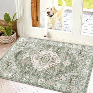 imageSmiry Area Rugs for Living Room Bedroom Machine Washable 5x7 Vintage Rug Soft Plush Bedside Floor Carpet for Farmhouse Nursery Kitchen Laundry Home Decor BeigeGreen
