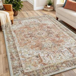 imageSmiry Area Rugs for Living Room Bedroom Machine Washable 5x7 Vintage Rug Soft Plush Bedside Floor Carpet for Farmhouse Nursery Kitchen Laundry Home Decor BeigeGold