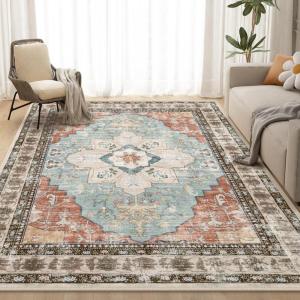 imageSmiry Area Rugs for Living Room Bedroom Machine Washable 5x7 Vintage Rug Soft Plush Bedside Floor Carpet for Farmhouse Nursery Kitchen Laundry Home Decor BeigeBrick Red