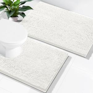 imageSmiry Bathroom Rugs Set 2 Piece Soft Absorbent Chenille Bath Mat and UShaped Toilet Rug Set Non Slip Shaggy Bath Carpet for Tub Shower and Floor 30x2024x20 BlackIvory