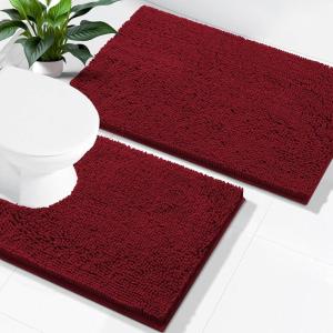 imageSmiry Bathroom Rugs Set 2 Piece Soft Absorbent Chenille Bath Mat and UShaped Toilet Rug Set Non Slip Shaggy Bath Carpet for Tub Shower and Floor 30x2024x20 BlackRed
