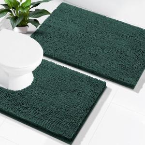 imageSmiry Bathroom Rugs Set 2 Piece Soft Absorbent Chenille Bath Mat and UShaped Toilet Rug Set Non Slip Shaggy Bath Carpet for Tub Shower and Floor 30x2024x20 BlackGreen