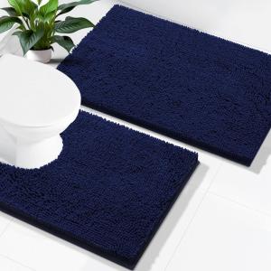 imageSmiry Bathroom Rugs Set 2 Piece Soft Absorbent Chenille Bath Mat and UShaped Toilet Rug Set Non Slip Shaggy Bath Carpet for Tub Shower and Floor 30x2024x20 BlackNavy Blue