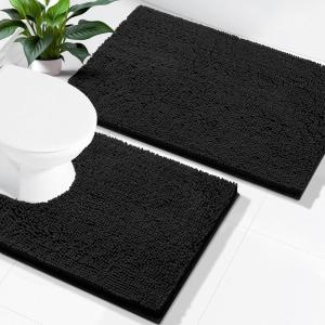 imageSmiry Bathroom Rugs Set 2 Piece Soft Absorbent Chenille Bath Mat and UShaped Toilet Rug Set Non Slip Shaggy Bath Carpet for Tub Shower and Floor 30x2024x20 BlackBlack