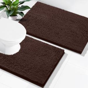 imageSmiry Bathroom Rugs Set 2 Piece Soft Absorbent Chenille Bath Mat and UShaped Toilet Rug Set Non Slip Shaggy Bath Carpet for Tub Shower and Floor 30x2024x20 BlackBrown