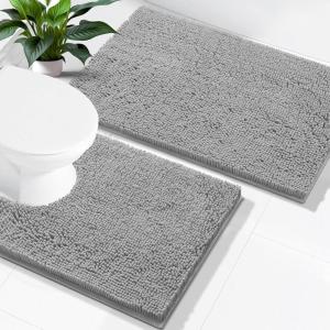 imageSmiry Bathroom Rugs Set 2 Piece Soft Absorbent Chenille Bath Mat and UShaped Toilet Rug Set Non Slip Shaggy Bath Carpet for Tub Shower and Floor 30x2024x20 BlackLight Grey