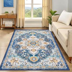imageSmiry Floral Area Rug 5x7 Feet Vintage Print Pattern Machine Washable NonSlip Floor Carpet Low Pile Throw Rugs for Living Room Bedroom Dining Room Laundry Indoor Home Decor BeigeBlue