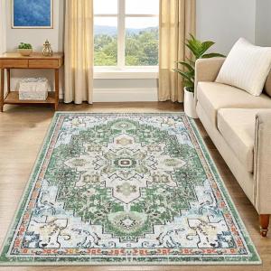 imageSmiry Floral Area Rug 5x7 Feet Vintage Print Pattern Machine Washable NonSlip Floor Carpet Low Pile Throw Rugs for Living Room Bedroom Dining Room Laundry Indoor Home Decor BeigeGreen