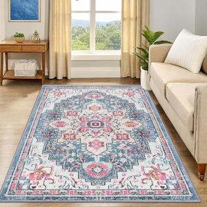 imageSmiry Floral Area Rug 5x7 Feet Vintage Print Pattern Machine Washable NonSlip Floor Carpet Low Pile Throw Rugs for Living Room Bedroom Dining Room Laundry Indoor Home Decor BeigePink