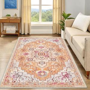 imageSmiry Floral Area Rug 5x7 Feet Vintage Print Pattern Machine Washable NonSlip Floor Carpet Low Pile Throw Rugs for Living Room Bedroom Dining Room Laundry Indoor Home Decor BeigeOrange