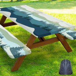 imageSmiry Picnic Table Cover with Bench Covers Waterproof Elastic Fitted Tablecloth for 6 Foot Tables Washable Polyester Tablecloths for Camping Indoor ampamp Outdoor Teal 30x72 Inch 3pc SetGreen Blue