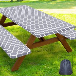 imageSmiry Picnic Table Cover with Bench Covers Waterproof Elastic Fitted Tablecloth for 6 Foot Tables Washable Polyester Tablecloths for Camping Indoor ampamp Outdoor Teal 30x72 Inch 3pc SetGrey