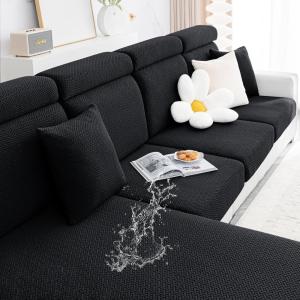 imageSmiry Waterproof Couch Cushion Covers Stretch Jacquard Thick Sofa Cushion Covers Washable Seat Slipcover Elastic Furniture Protector for Pets Kid 3PC GreyBlack