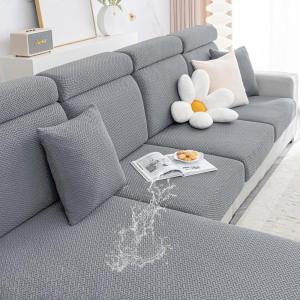 imageSmiry Waterproof Couch Cushion Covers Stretch Jacquard Thick Sofa Cushion Covers Washable Seat Slipcover Elastic Furniture Protector for Pets Kid 3PC GreyLight Grey