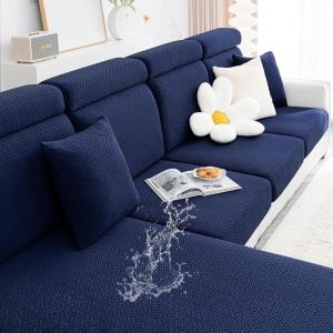 imageSmiry Waterproof Couch Cushion Covers Stretch Jacquard Thick Sofa Cushion Covers Washable Seat Slipcover Elastic Furniture Protector for Pets Kid 3PC GreyNavy