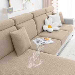 imageSmiry Waterproof Couch Cushion Covers Stretch Jacquard Thick Sofa Cushion Covers Washable Seat Slipcover Elastic Furniture Protector for Pets Kid 3PC GreyCamel