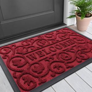 imageSmiry Welcome Door Mat Outside Entrance Heavy Duty Trap Dirt and Moisture Easy Clean Low Profile Patio Porch Indoor Outdoor Front Doormat for Entry 295x17 Inch BlackWelcomeBurgundyWelcome