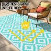 imageSmiry Waterproof Outdoor Rug 5x8 ft Reversible Plastic Straw Patio Camping Rugs Outdoor Indoor RV Mat Carpet for Patio Outside Entry Backyard Deck Bench Picnic Camper Black ampamp WhiteWhite and Teal