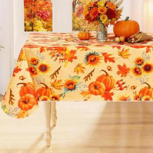 imageSmiry Fall Rectangle Table Cloth Waterproof Vinyl Tablecloth with Flannel Backing Wipeable Autumn Pumpkin Plastic Tablecloths for Harvest and Thanksgiving Parties 60quotx84quot Black ampamp OrangeGold
