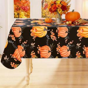 imageSmiry Fall Rectangle Table Cloth Waterproof Vinyl Tablecloth with Flannel Backing Wipeable Autumn Pumpkin Plastic Tablecloths for Harvest and Thanksgiving Parties 60quotx84quot Black ampamp OrangeBlack  Orange