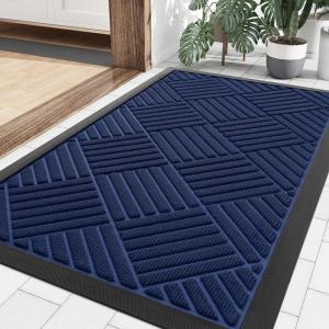 imageSmiry Front Door Mat Outside Entrance Heavy Duty Outdoor Indoor Natural Rubber Doormat Non Slip Trap Dirt and Moisture Easy Clean Low Profile Patio Porch Entryway Mat 295x17 GreyNavy Blue