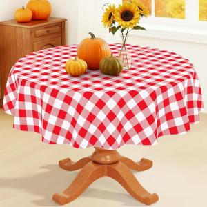 imageSmiry Round Plastic Table Cloth Waterproof Vinyl Tablecloth with Flannel Backing Wipeable Buffalo Plaid Table Cover for Dining Indoor and Outdoor Khaki ampamp White 60quot RoundRed  White