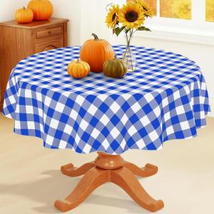 imageSmiry Round Plastic Table Cloth Waterproof Vinyl Tablecloth with Flannel Backing Wipeable Buffalo Plaid Table Cover for Dining Indoor and Outdoor Khaki ampamp White 60quot RoundBlue  White