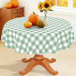 imageSmiry Round Plastic Table Cloth Waterproof Vinyl Tablecloth with Flannel Backing Wipeable Buffalo Plaid Table Cover for Dining Indoor and Outdoor Khaki ampamp White 60quot RoundSage Green  White
