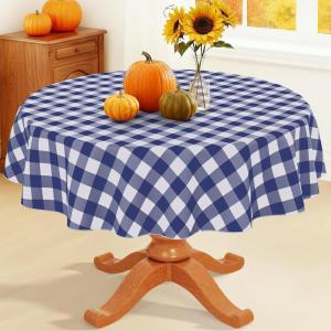 imageSmiry Round Plastic Table Cloth Waterproof Vinyl Tablecloth with Flannel Backing Wipeable Buffalo Plaid Table Cover for Dining Indoor and Outdoor Khaki ampamp White 60quot RoundNavy  White
