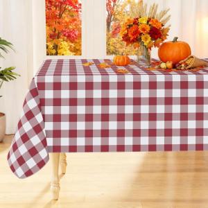 imageSmiry Round Plastic Table Cloth Waterproof Vinyl Tablecloth with Flannel Backing Wipeable Buffalo Plaid Table Cover for Dining Indoor and Outdoor Khaki ampamp White 60quot RoundBurgundy  White