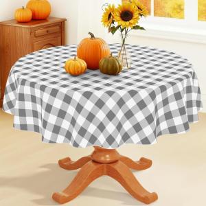 imageSmiry Round Plastic Table Cloth Waterproof Vinyl Tablecloth with Flannel Backing Wipeable Buffalo Plaid Table Cover for Dining Indoor and Outdoor Khaki ampamp White 60quot RoundGrey  White