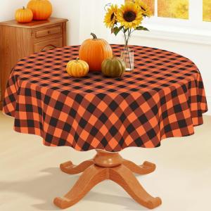 imageSmiry Round Plastic Table Cloth Waterproof Vinyl Tablecloth with Flannel Backing Wipeable Buffalo Plaid Table Cover for Dining Indoor and Outdoor Khaki ampamp White 60quot RoundOrange  Black