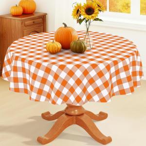 imageSmiry Round Plastic Table Cloth Waterproof Vinyl Tablecloth with Flannel Backing Wipeable Buffalo Plaid Table Cover for Dining Indoor and Outdoor Khaki ampamp White 60quot RoundOrange  White