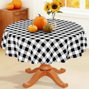 imageSmiry Round Plastic Table Cloth Waterproof Vinyl Tablecloth with Flannel Backing Wipeable Buffalo Plaid Table Cover for Dining Indoor and Outdoor Khaki ampamp White 60quot RoundBlack  White