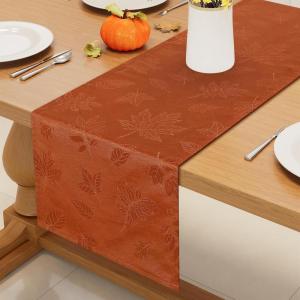 imageSmiry Thanksgiving Table Runner 13x72 Inch Waterproof Fabric Damask Table Runner for Harvest Parties and Holidays TerracottaMaple Leaves